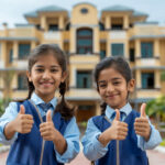 Two girls in school uniforms giving thumbs up