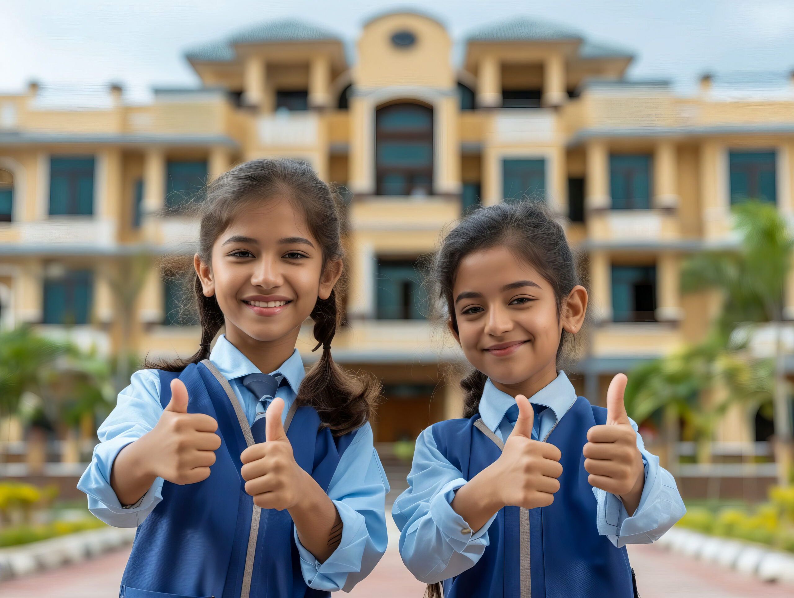 Two girls in school uniforms giving thumbs up